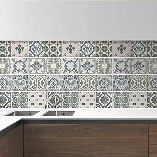 WALPLUS 24 Stück 15x15cm Vintage Blau Azulejo Creme Grau Wandfliesen Aufkleber Schälen und Kleben Backsplash Abziehbilder Startseite Dekore Aufkantung für Küche Badezimmer Kacheln Farbe auf Wand