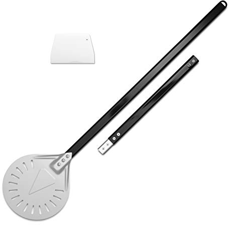 Lymn Drehender Pizzaschieber – 23cm, rundes perforiertes Metall, abnehmbarer langer schwarzer Griff - 3 Längenoptionen 40,6cm 81,3cm 122cm, professionelle Qualität, komplett mit Teigschaber