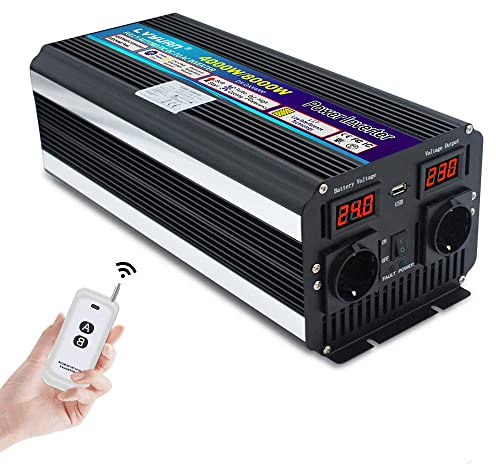 LVYUAN Wechselrichter 24V 230V 4000W /8000W Spannungswandler mit drahtloser Fernbedienung, 2 EU Steckdose, Zwei Eingebaute Lüfter, 1 USB und LCD-Display