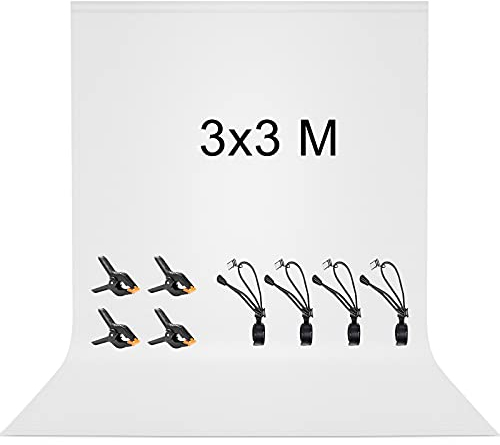 Vevelux Fotografie-Hintergrund 3 * 3 M, Foto Hintergrund aus 100% Polyester mit 4 große Studio Klemmen & 4 Tarp Clip, Weiß Screen für Fotostudio, Video und Fernsehen