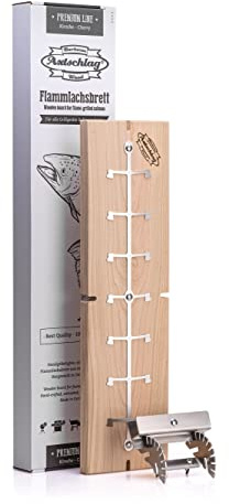 Axtschlag Flammlachsbrett Premium Line Kirsche extra groß, 10-Fach verstellbare Halterung aus Edelstahl, Garen von 4 Seiten für Grill, Feuerschale, Feuertonne, Feuerkorb & Smoker