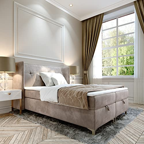FURNISTAR Boxspringbett Doppelbett LIND - 140x200cm Bett mit Bonellmatratze, mit Bettkasten für Bettwäsche und Topper. EIN Bett mit einem klassischen, konturierten Kopfteil (Velvet 06, 140x200)
