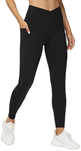 The Gym People Damen V-Kreuz-Taille Workout Leggings Bauchkontrolle Laufen Yoga Hose mit Taschen, schwarz, M