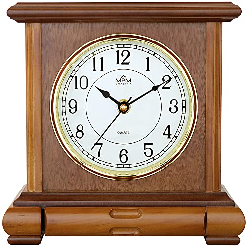 MPM Quality Retro Light Wood Tischuhr, Braun, Traditionelle und Elegante Holztischuhr, Arabische Ziffern, Präziser Quarz-Schrittmotor, schöne Tisch Dekoration für Wohnzimmer, Küche oder Büro