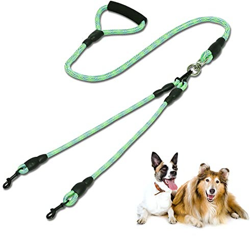 Lvjkes Correa de Perro Doble, Correa Perro Dos, Doble Correa para Perros, Desmontable, antienredos, cómodo Agarre, Entrenamiento para Caminar para Dos Perros medianos o Grandes (Verde)