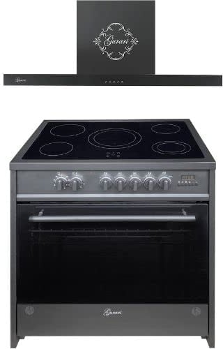 GURARI Herdset Elektro-Standherd GCH E 912 BL + GCH 461 BL 9, Backofen Set 90 cm, 121 L, Schwarz + Dunstabzugshaube 90 cm 1000m³/h Wandhaube in Schwarz Glas, Umluft-/ Ablufthaube