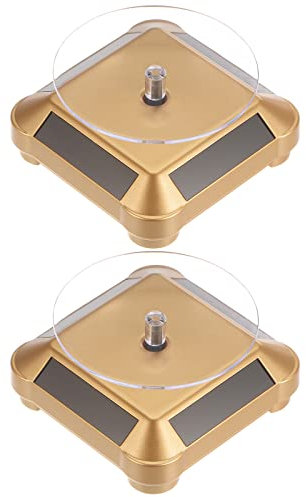 sourcing map 2pcs Solar Display Stand Turntable 3.54 Plate Dia 360° Two-Way Rotating ABS Plastic Automatic Revolving Display for 3D Print Jewelry Displaying, Gold Tone