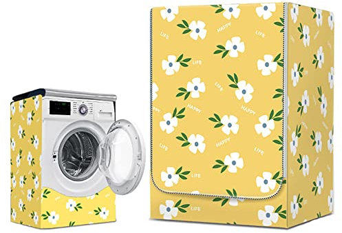 Highdi Washing Machine Cover Waterproof, Washing Machine Covers Indoor with Zipper Sunscreen & Dustproof Washer Protection for Front Load Outdoor Washer and Dryers (L-Capacity 10.5-12kg,White flower)