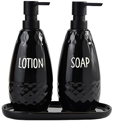 Karisky Seifenspender Set, Keramik -Handseife und Lotionspender mit Tablett, moderner nachfüllbarer Flüssigspender Set für Badezimmer -Arbeitsplatten -Dekor, 2, Schwarz