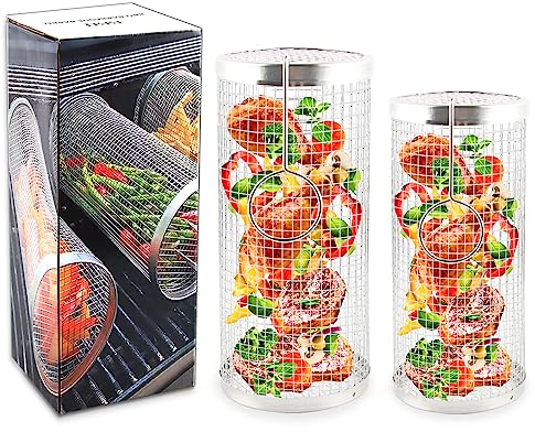 2 Paquete Cesta de Parrilla Portátil de Inoxidable, Cesta de Parrilla Cilíndrica, Adecuada para Barbacoas de Picnic, Pescado, Verduras, Fácil de Transportar, Embalaje de Caja de Color, Grande