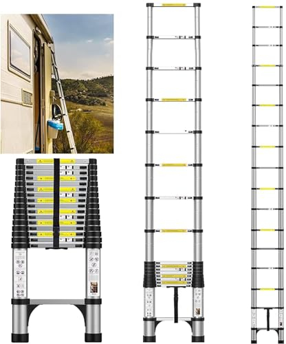 FEETE 5m Teleskopleiter, Aluminium-Leichtbau-Ausziehleiter mit rutschfesten Füßen, tragbare Dachbodenleiter, Heavy Duty RV zusammenklappbare Leiter für RV, Haushalt, Outdoor-Arbeiten(5M)