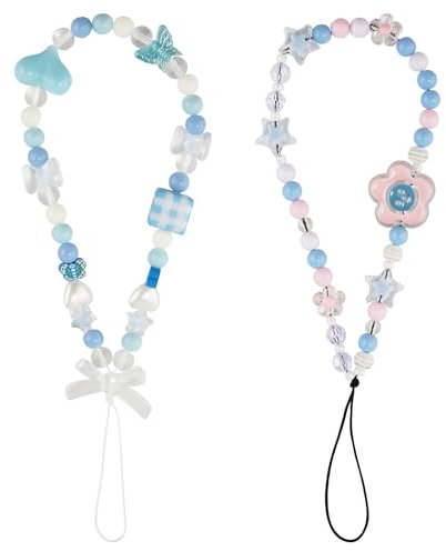 2pcs Charme de Téléphone, Mignon Bracelet de Téléphone Lanière de Téléphone Étoiles Sangle de Breloques de Téléphone Bleue Lanière de Téléphone Papillon Chaîne de Téléphone Fleurie pour Filles