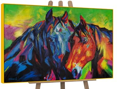YS-Art Abstrakt Acryl Gemälde auf Leinwand Vielfarbige Mähnen handgemalt Wandbilder Wohnzimmer modern Wohndekor Bild Pferde Liebe echte Kunst 120x80 cm