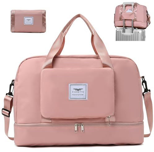 FIORETTO Faltbare Damen-Reisetasche, Wochenend-Krankenhaus-Übernachtungstasche mit Schuhfach und Nassfach, Wasserabweisende Sporttasche Handgepäcktasche Rosa