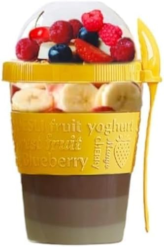 4All Yogurt Pots Spoon Reuseable 600ml Museli Cup With Lid Overnight Oats container20oz BPA free Breakfast Lunch Oatmeal Jars On the GO Snack Container Travel Meal Food Container (Yellow)