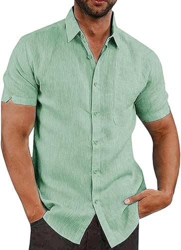 Friptspyg Mens Shirts Short Sleeve Linen Button Down Beach Causual Shirts for Men with Pocket, Mint Green M