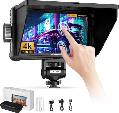 VILTROX DC-550 - Monitor de campo de cámara, 1200Nit 5.5 pulgadas, 4K HDMI, monitor de cámara con batería, Full HD 1920 x 1080 IPS con parasol, batería, bolsa de almacenamiento para cámara Sony,