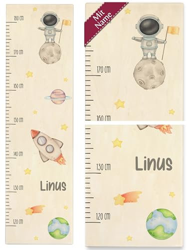 Messlatte Kinder - Weltall mit Astronaut und Name Rakete Erde Stern Mondlandung Raumanzug Weltraum - 120-180 cm - Holz - personalisierte kleinkinder geschenke sterne kind