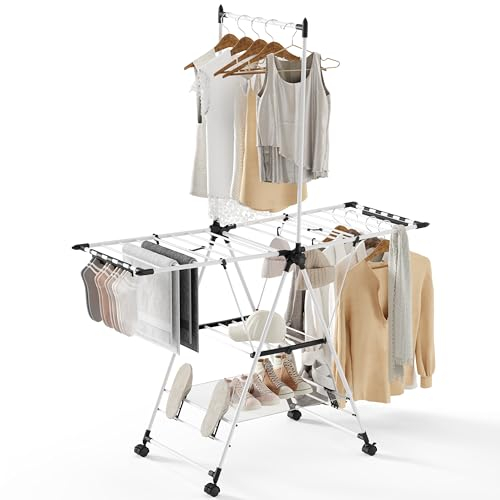 SYKIARIOL Clothes Drying Rack with High Hanging Hangers, 2 Levels Foldable Wing Clothes Dryer for Space Saving Storage, Foldable Clothes Airer with Height-Adjustable Gullwings