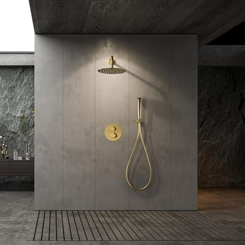 IMEX - Ducha Empotrada Termostática Dorada | Kit de Grifería Empotrado con Alcachofa y Rociador Antical Efecto Lluvia | Columna Ducha Empotrada con Grifo en Latón y Acero Inox S.304 | Serie Nápoles