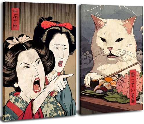 Lustiges japanisches Dekor-Leinwandkunst-Set, 2er-Set, Motiv: Frau schreit Katze, Poster, Drucke, Vintage-Anime-Wandkunst für Wohnzimmer, Esszimmer, Küche, Heimdekoration, 40,6 x 61 cm, gerahmt