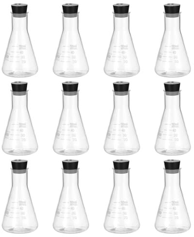 PATIKIL Erlenmeyer Flask, 12 Set 50ml 1.7oz Narrow Mouth Graduated Flasks with Rubber Stopper Borosilicate Glass Flasks with Printed Graduation for Lab Experiment Chemistry Science Study