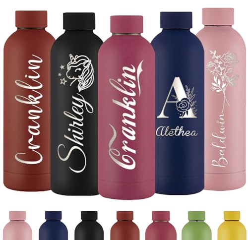 Xihedfd Borraccia Personalizzata con Nome Borraccia Termica con Incisione Personalizzata Bottiglia d'Acqua Isolata in Acciaio Inox Da 500 ml per Scuola Ufficio Sport