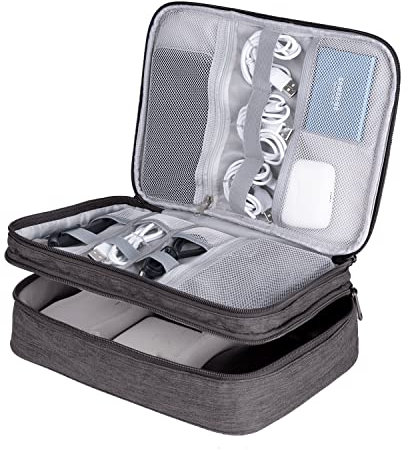 LENTION Cable Organiser Bag Travel Electronic Accessories Organiser Double Layers All-in-One Storage Pouch for Charger, USB Cables, Power Bank, Earphone (Grey)