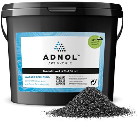 ADNOL® Aktivkohle Granulat 5 Liter aus Kokosnussschalen für Wasserfilter für Aquarium und Teich, Mesh 4x8, Körnung 4,76-2,36mm, Energieklasse A, als Carbon Filter verwendbar