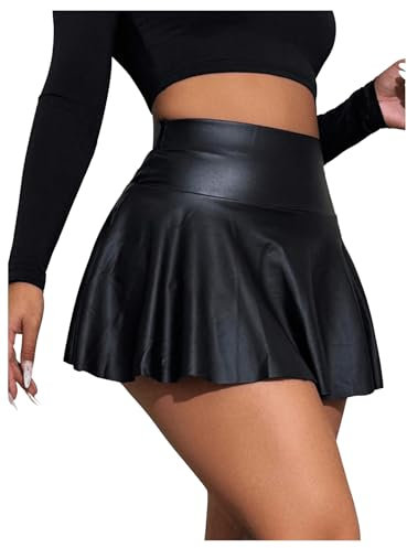 GORGLITTER Damen Skort Elastischer Bund Minirock PU Leder Clubröcke Kurze Röcke mit Rüschensaum Schwarz S
