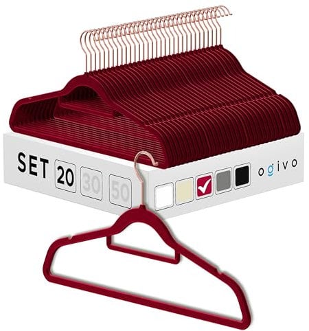 OGIVO Samt Kleiderbügel - 20er Set - rutschfest Bügel für Ihren Garderobe - kleine Stange für Krawatten - Haken um 360° drehbar - Einkerbungen im Schulterbereich - Hangers Clothes (Burgunderrot)
