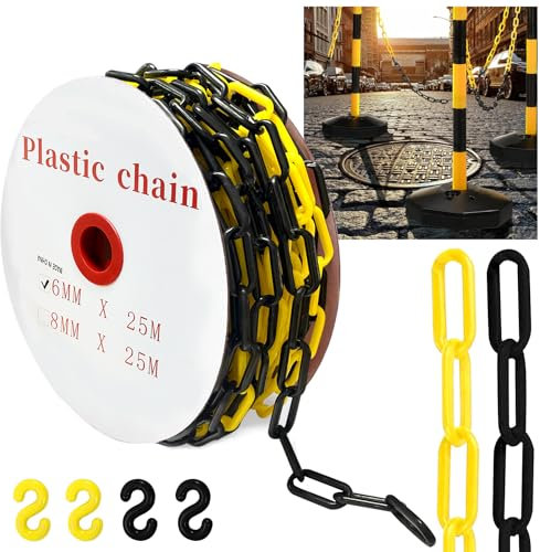 25 m Absperrkette Gelb Schwarz Kunststoffkette, 6mm Warnkette Plastikkett, Kunststoff Absperrkette mit 4 Karabinern für Barrieren in Auffahrten, Arbeitsplätzen und Garagen (Gelb und Schwarz, 6mmx25m)