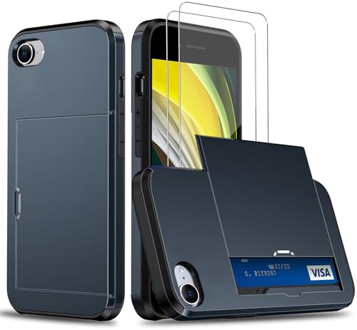 Beajew Compatible with iPhone 7/8/iPhone SE 2020/SE 2022 Case with 2 Pack Screen Protector, Heavy Duty Protective Case Hard PC Back Soft TPU Bumper Card Wallet Case Cover - Navy Blue
