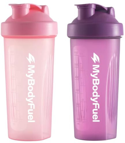 MyBodyFuel Shake-Becher, Protein Shaker inklusive Mixfilter, Set aus 2 Stück, Shake-Becher 700 ml, BPA frei (Rosa/Lila)