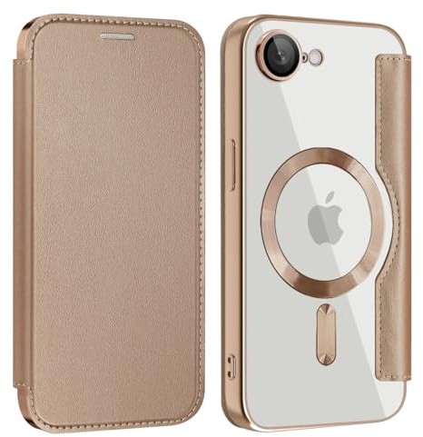 ZQYFCDZ Magnetisch Hülle für iPhone 16e / 17e, PU Leder Schutzhülle, Gold | Kompatibel mit MagSafe, Transparente Rückseite, Integrierter Kartensteckplatz, 360‑Grad‑Schutz, Stoß‑ und Kratzfest