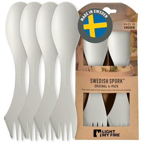 Light my Fire Spork Original 3-in-1 Camping Cutlery Knife Fork Spoon Set Survival Gifts for Scouts Camping Accessories Sporks Reusable Travel Cutlery Set 4-Pack Cream