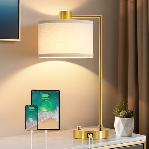 GyroVu Table Lamp for Bedroom - USB C+A Ports Large Bedside Lamp for Living Room - Stepless Dimmable Bedside Table Lamp with Linen Shade for Living Room Reading Office(Bulb Included)