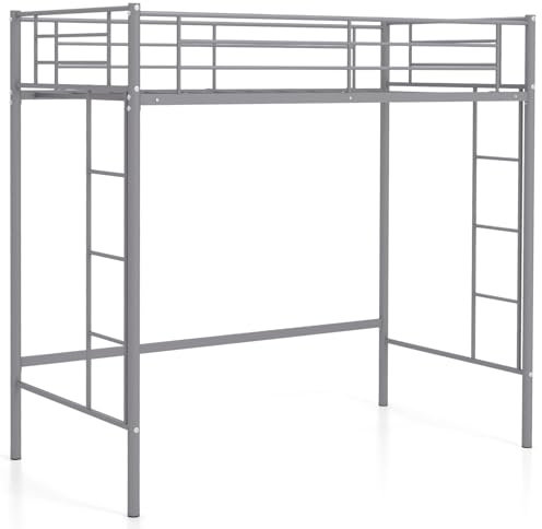 CASART Single Loft Bed, 2 Ladders Metal Bunk Bed with Safety Guardrail, Home School Space-Saving Single High Sleeper Frame for Adults Teens Kids (Silver, 196 x 98 x 184cm)