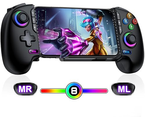 Mobiler Gaming-Controller, Smartphone-Controller für iPhone/Android-Handheld-Gaming mit programmierbaren/Hall-Effekt-Joysticks & analogen Triggern/anpassbarer Beleuchtung/Turbo
