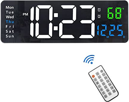 Plumeet Digital Wall Clock, 16 Inches LED Wall Clocks with Remote Control, Big Digits, Auto-Dimming, 2 Alarm, Digital Alarm Show Date Week Temp