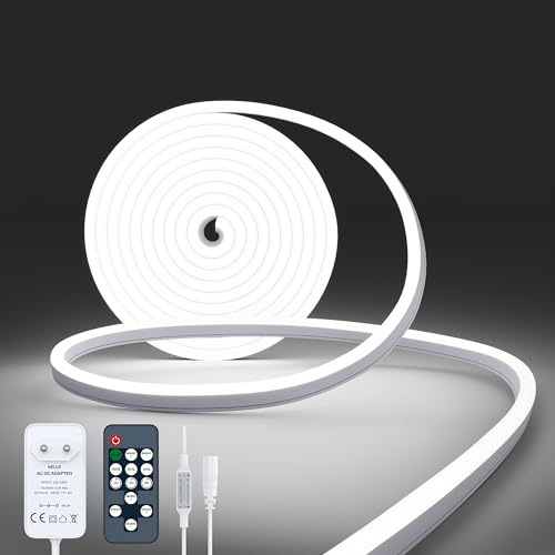 NELUX Neon LED Strip 2m Kaltweiss Streifen Wasserdicht Lichtband Aussen Outdoor. LED Band Light Stripe Aussenbereich Außen Weiss Lichtleiste 6500K. Inklusive Fernbedienung Dimmbar und Netzteil 24V