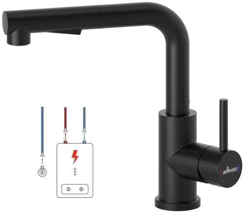 APPASO Niederdruck Wasserhahn Küche Schwarz, KTW-zertifizierten Heiß- und Kaltschläuche, Küchenarmatur mit Brause Ausziehbar 2 Modus für, Einhebel Ausziehbarer Spültischarmatur 1 Loch 360°Schwenken