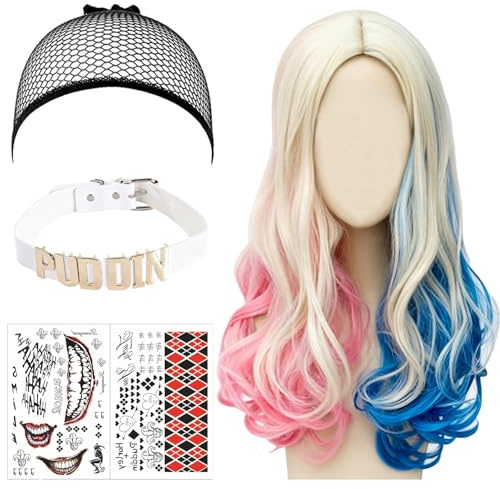 YOUYIKE Quinn Perücke Damen Cosplay, Lang Wellig Locken Perücke mit Haarnetz Lederhalsband Aufkleber, Blau/Pink Doppelter Schwanz Wig für Karneval Fasching Halloween Party Cosplay