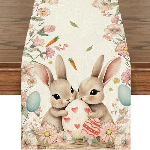 Ostern Hasen Tischläufer, Frühlings Blumen Osterei Tischdecke, Sommer Küche Wohnzimmer Waschbar Esstisch Deko für Osterparty Geburtstagsparty Dekoration 40x180 cm, Rosa