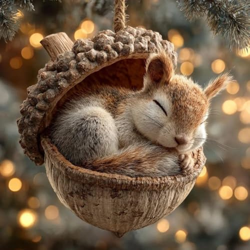 3D Forest Animal Acorn Ornaments, Cozy Forest Christmas Ornaments and Crafts, Lovely Sleeping Animal Resin Hanging Decor, 3D Rustic Nature Themed Christmas Tree Decoration (#C)