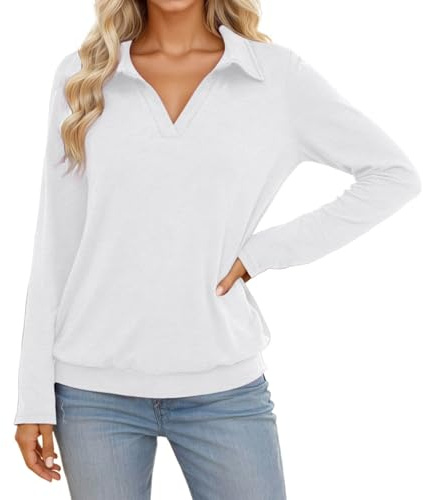 Jersey para mujer, monocolor, cuello de pico, parte superior, manga larga, suave, cómoda, elástica, tiempo libre, manga larga, informal, jersey transpirable, para otoño e invierno