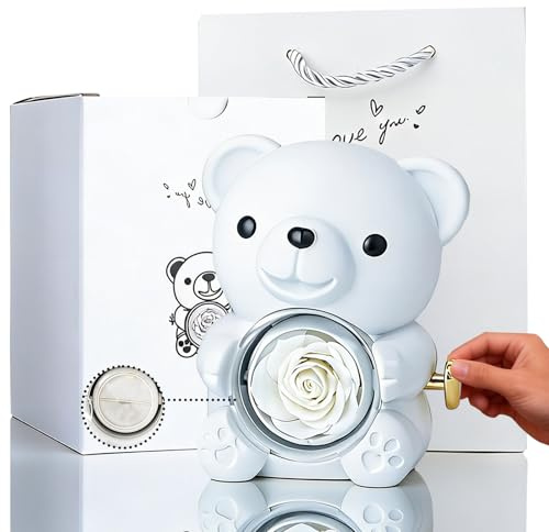 yayafunfun White Romantic Teddy Bear with Preserved Rose Heart, Hidden Jewelry Box, Eternal White Rose Teddy Bear Gift for Women Girl Valentines Day, Mother's Day, Birthday,Wedding, Bridal Shower