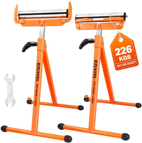 EZUVITA 2-Pack Folding Roller Stands, 250 LBS Load Capacity Per Stand, 28–43.5 Adjustable Height, Stable Support for Table Saw Outfeed & Woodworking