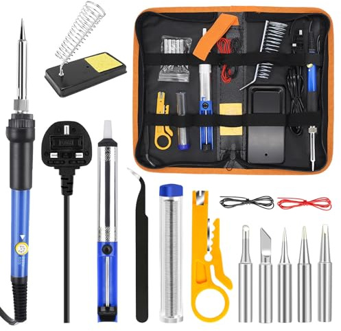 Soldering Iron Kit, 15 in 1 Soldering Iron Gun with Solder, 60W Adjustable Temperature 200-450°C Welding Tool, Soldering Tips, Desoldering Pump, Tin Wire Tube, Soldering Iron Stand, Tweezers,Tool Case