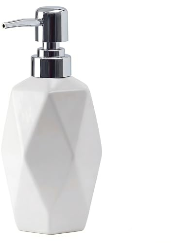 Seifenspender Keramik Weiß, 400ml Pumpspender für Flüssigseife & Spülmittel & Handseifen & Duschgel, Modernes Rauten Design, Soap Dispenser Nachfüllbar für Bad Küche Waschbecken Waschküche